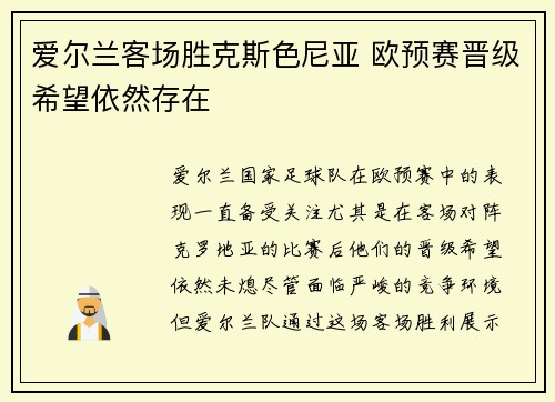 爱尔兰客场胜克斯色尼亚 欧预赛晋级希望依然存在