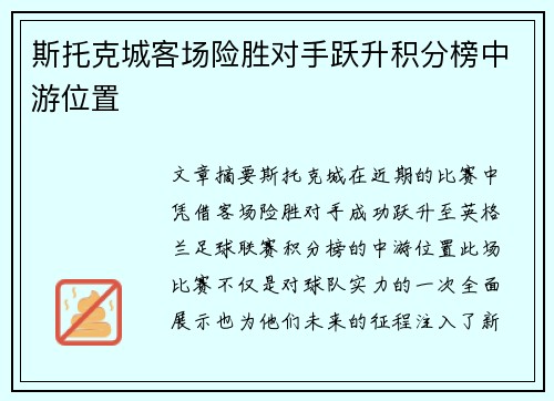 斯托克城客场险胜对手跃升积分榜中游位置