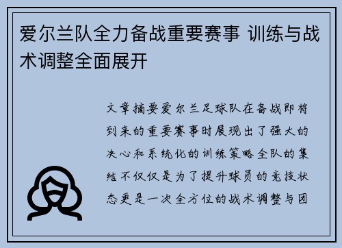 爱尔兰队全力备战重要赛事 训练与战术调整全面展开