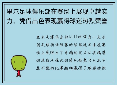里尔足球俱乐部在赛场上展现卓越实力,凭借出色表现赢得球迷热烈赞誉