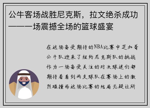 公牛客场战胜尼克斯，拉文绝杀成功——一场震撼全场的篮球盛宴
