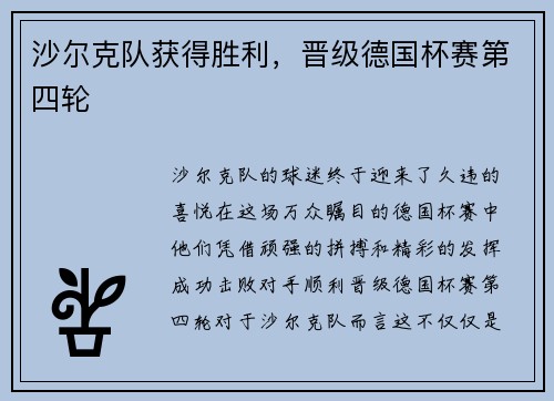 沙尔克队获得胜利,晋级德国杯赛第四轮