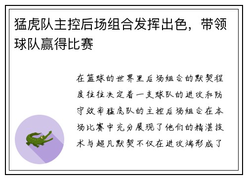 猛虎队主控后场组合发挥出色,带领球队赢得比赛