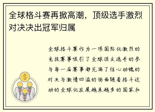 全球格斗赛再掀高潮，顶级选手激烈对决决出冠军归属