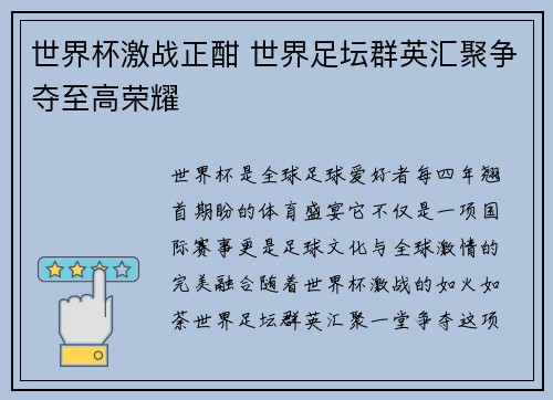 世界杯激战正酣 世界足坛群英汇聚争夺至高荣耀