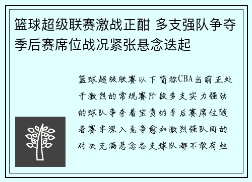 篮球超级联赛激战正酣 多支强队争夺季后赛席位战况紧张悬念迭起